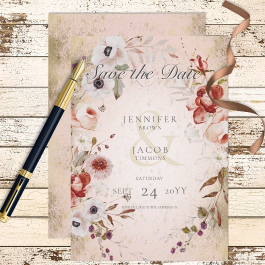 Romantische Rose Rosa Goldene, florale Save the Da Save The Date
