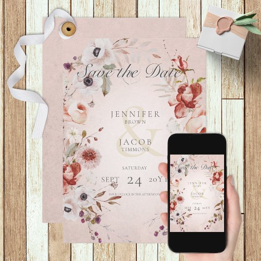 Romantische Rose Rosa Save the Date florale Karte