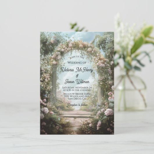 Romantische Rose Stein Bogenschiessen Hochzeit Einladung (Stehend Vorderseite)