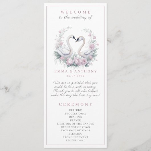 Romantische Rose Swan Couple Wedding Programm (Vorderseite)