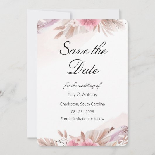 Romantische Rose und Champagner Boho-Hochzeit  Sav Save The Date (Vorderseite)
