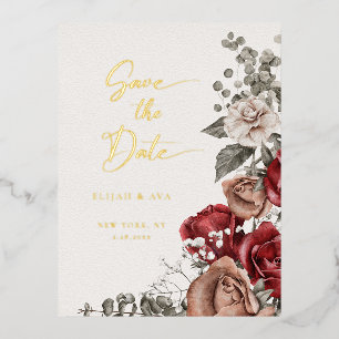 Romantische Rose und Eukalyptus Save the Date Folie Einladungspostkarte