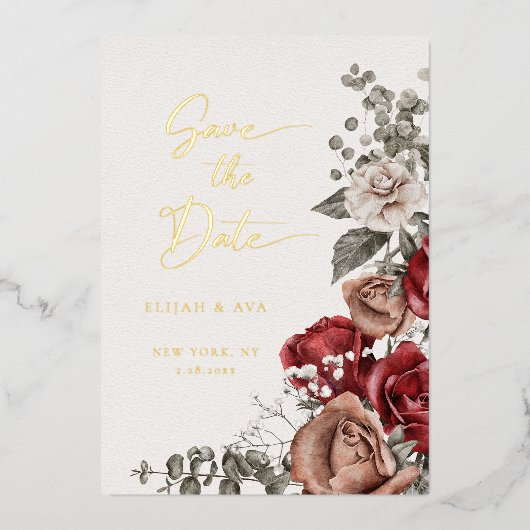 Romantische Rose und Eukalyptus Save the Date Folieneinladung (Vorderseite)