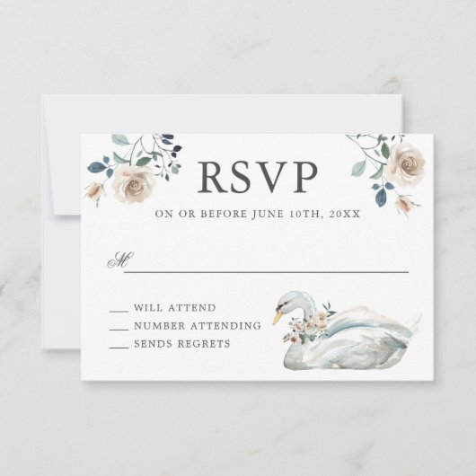 Romantische Rose und Swan Wedding RSVP (Vorderseite)