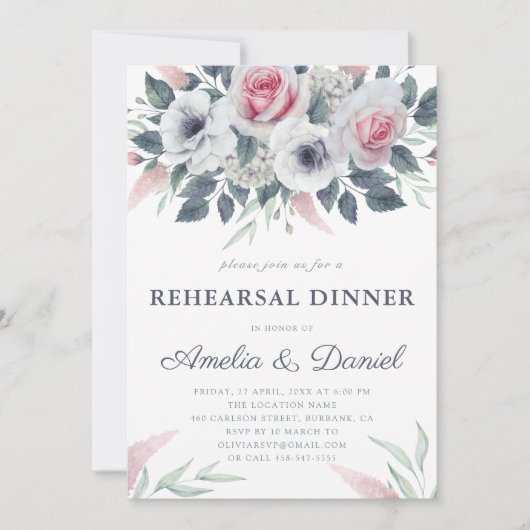 Romantische Rose Wasserfarbe Probe Abendessen Einladung (Vorderseite)
