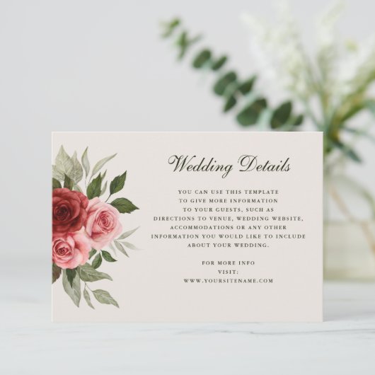 Romantische Rose Wasserfarben Elegante Hochzeiten Begleitkarte (Stehend Vorderseite)