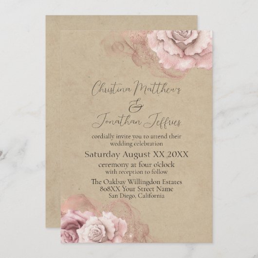 Romantische Rose Wasserfarben Rustikale Hochzeit Einladung (Vorne/Hinten)
