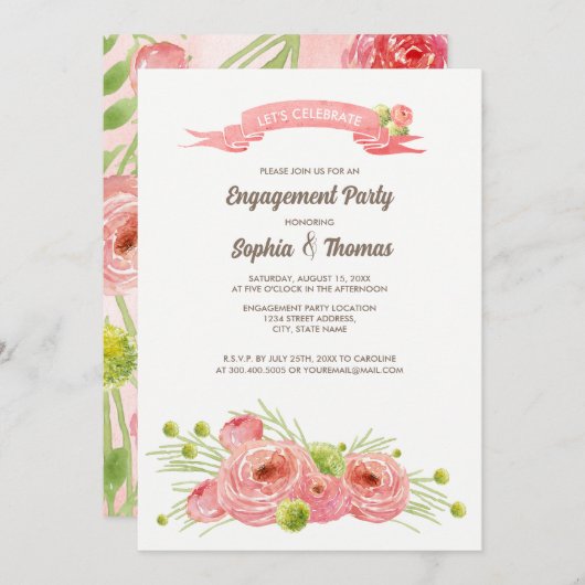 Romantische Rose Watercolor Engagement Party Einladung (Vorne/Hinten)