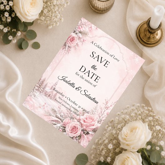 Romantische Rosé-Winterhochzeit Save The Date