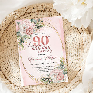 Romantische Roségold-Blumen-Grün 90. Geburtstag   Einladung