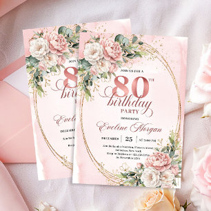 Romantische Roségold-Blumen-Grüne 80. Geburtstag   Einladung