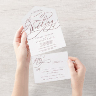 Romantische Roségold-Kalligrafie Die Hochzeit von All In One Einladung