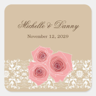 Romantische Rosen Damask Hochzeitskleber Quadratischer Aufkleber