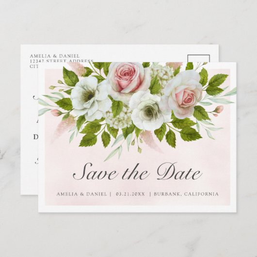 Romantische Rosen in Aquarellfarbe Save the Date Ankündigungspostkarte (Vorne/Hinten)