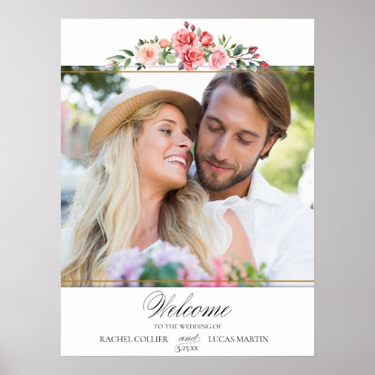 Romantische Rosen & Kalligrafie Foto Willkommen Poster (Vorne)