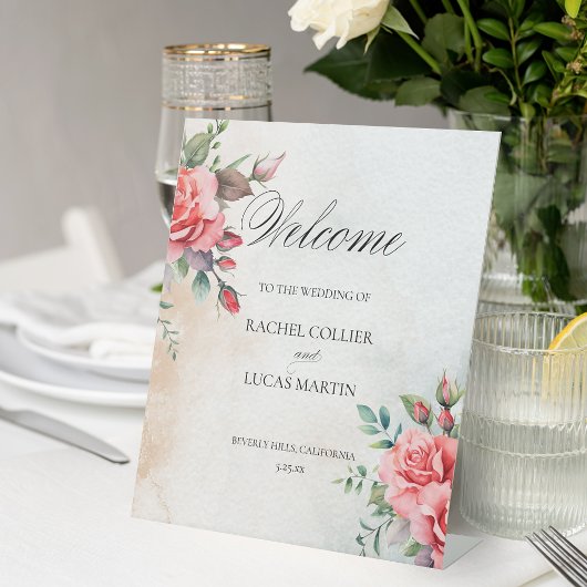 Romantische Rosen & Kalligrafie Willkommen Sockelschild