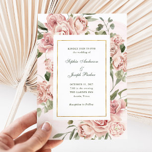 Romantische Rosen und Gold   Hochzeit Einladung