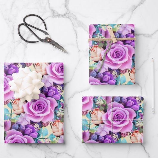 Romantische Rosenblumen Garten Geschenkpapier Set (Vorderseite)