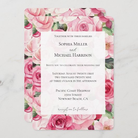 Romantische Rosenblütenhochzeit Einladung (Vorne/Hinten)