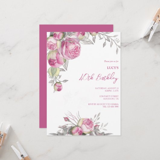 Romantische Rosendekunst Geburtstagsparty Einladung (Vorderseite/Rückseite Beispiel)