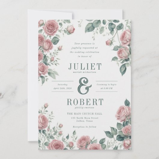 Romantische Rosenstöcke Grünen Blätter Hochzeit Einladung (Vorderseite)