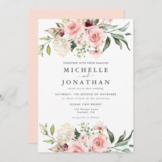 Romantische Roses Dusty Rose Einladung Hochzeit (Vorne/Hinten)