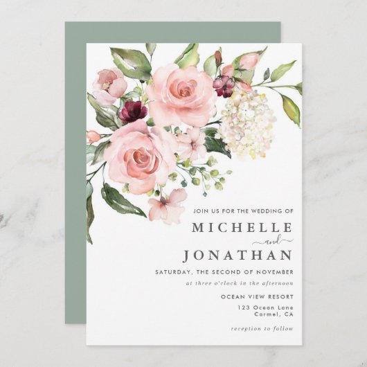 Romantische Roses Dusty Rose Einladung Hochzeit (Vorne/Hinten)