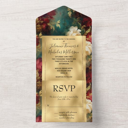 Romantische Rot-Grün-Blume All In One Einladung (Innen Boden)