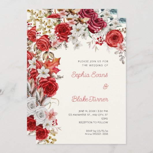 Romantische Rot-Weiß-Rose-Hochzeit Einladung (Vorne/Hinten)