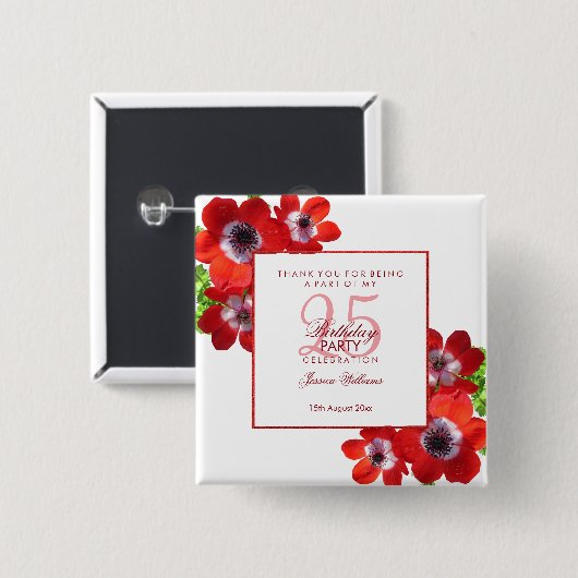 Romantische rote Anemonen-Blumen25. Geburtstag Button (Vorne & Hinten)