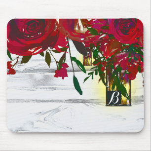 Romantische rote Aquarellrosen und Laterne Rustika Mousepad