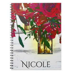 Romantische rote Aquarellrosen und Laterne Rustika Notizblock