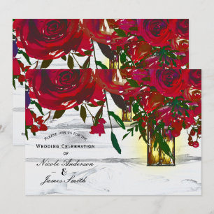 Romantische rote Aquarellrosen und Laternenhochzei Einladung