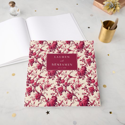Romantische rote Blumen mit Vögeln Gästebuch (Vorderseite offen)