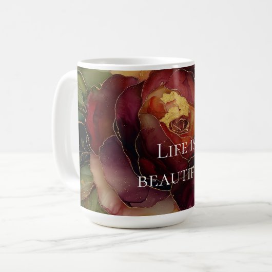 Romantische Rote Burgund Rose Gold Floral Kaffeetasse (Vorderseite Links)