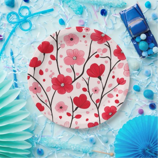 Romantische Rote Flora Pappteller (Party)