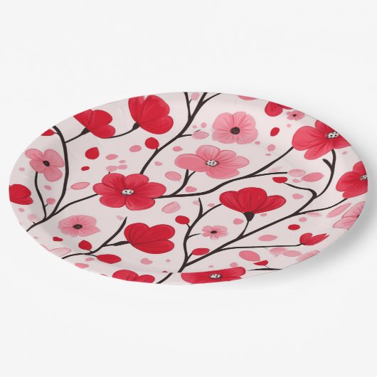 Romantische Rote Flora Pappteller (Schrägansicht)