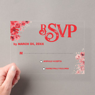 Romantische rote florale Hochzeits-RSVP Acryleinladungen
