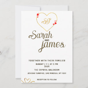 Romantische rote Herzen Gold-Monogramm-Hochzeit Einladung