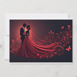Romantische rote Hochzeitssilhouette von Braut und Einladung