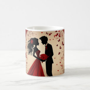 Romantische rote Hochzeitssilhouette von Braut und Kaffeetasse