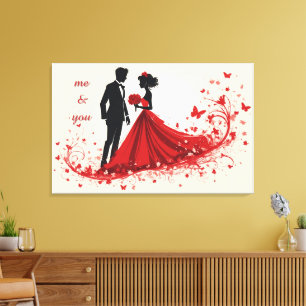 Romantische rote Hochzeitssilhouette von Braut und Leinwanddruck