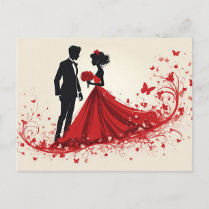 Romantische rote Hochzeitssilhouette von Braut und Postkarte