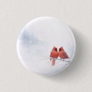 Romantische rote Kardinäle Winter-Aquarell-Grußkar Button