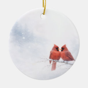 Romantische rote Kardinäle Winter-Aquarell-Grußkar Keramik Ornament