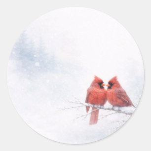 Romantische rote Kardinäle Winter-Aquarell-Kunst Runder Aufkleber