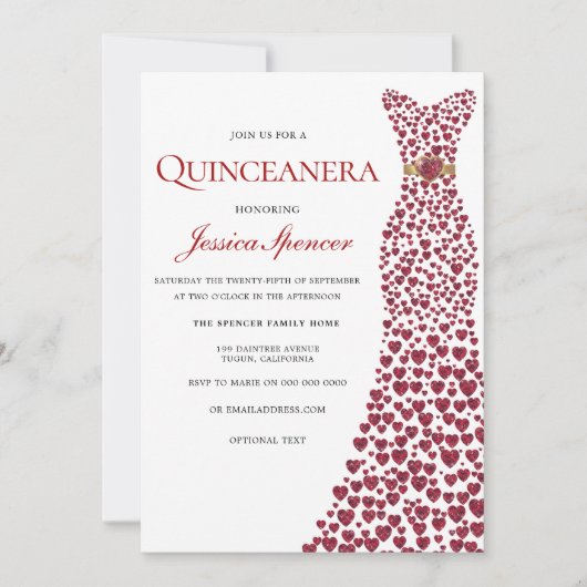 Romantische Rote Liebe Herzkleid Quinceanera Einla Einladung (Vorderseite)