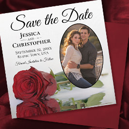 Romantische Rote Rose auf Weiß mit Oval Foto Hochz Save The Date