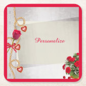 Romantische Rote Rose Bouquet Hearts Personalisier Rechteckiger Pappuntersetzer (Vorderseite)