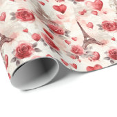Romantische Rote Rose Chic Eiffel Tower Paris Fran Geschenkpapier (Rolleneckpunkt)